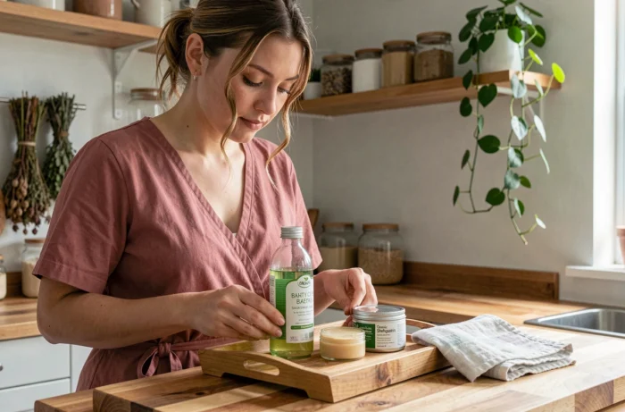 Maman préparant des produits de soin naturels pour bébé sur un plan de travail en bois dans une cuisine maison organisée