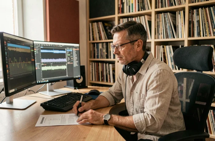 Producteur de musique français en home studio analysant sa production sonore entouré de vinyles et d'équipements audio professionnels