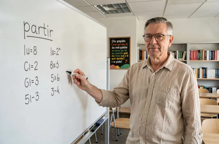 Professeur de français expliquant la conjugaison du verbe partir au présent devant un tableau blanc