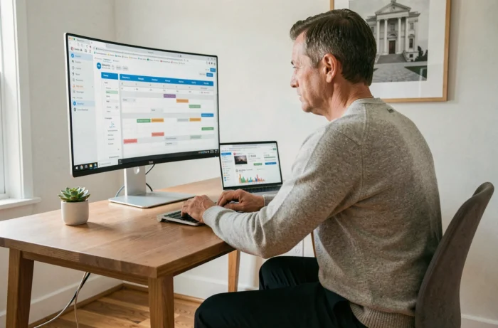 Homme professionnel travaillant seul sur un workflow d'automatisation marketing B2B devant un grand écran dans un bureau à domicile moderne