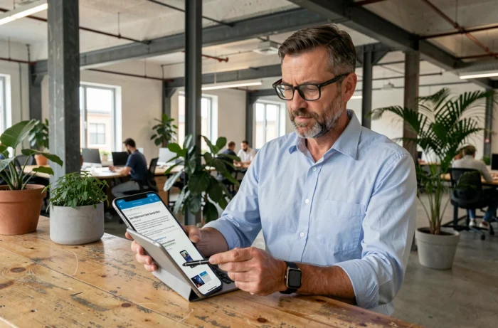 Professionnel analysant des tendances high-tech sur tablette et smartphone dans un espace de coworking contemporain