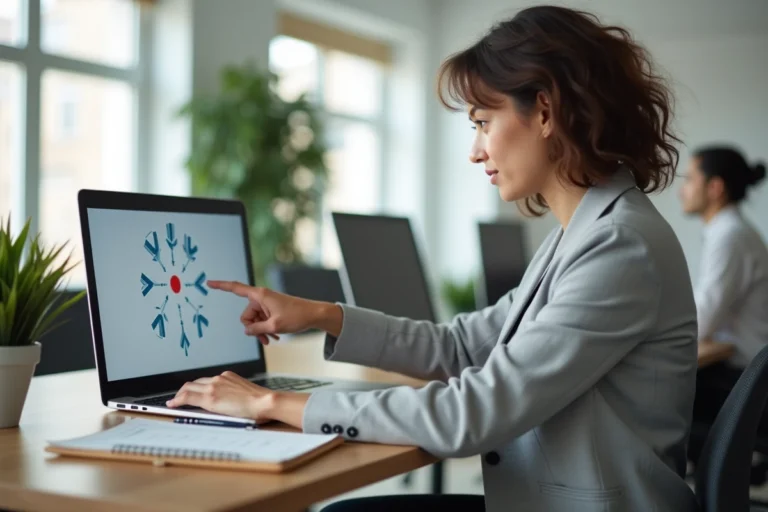 Professionnelle en bureau pointant un schéma de liens et backlinks sur un écran d'ordinateur pour illustrer le SEO