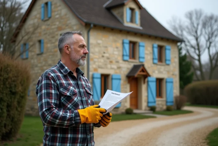 Propriétaire devant une maison en pierre française tenant une attestation d'assurance habitation