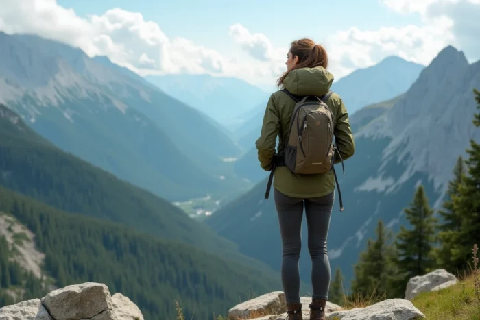 Femme randonneuse sur une crête rocheuse avec vue panoramique sur une vallée forestière alpine