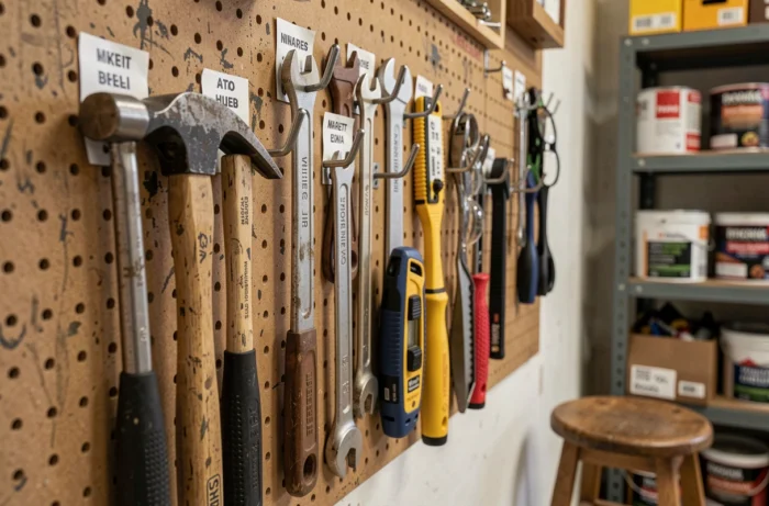 Tableau perforé de garage avec rangement organisé d'outils de bricolage essentiels suspendus sur des crochets métalliques