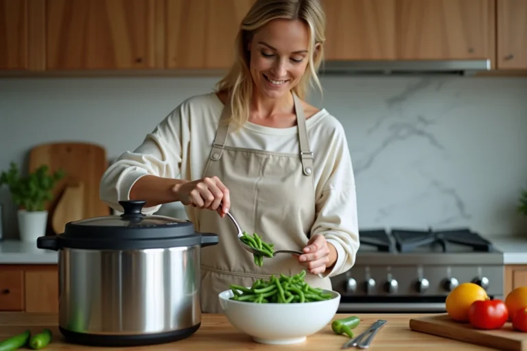 Femme réchauffant des haricots verts cuits dans une cocotte minute et les versant dans un plat de service en céramique blanche