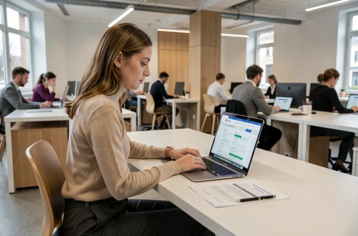 Jeune femme recherchant un emploi en Suisse via une agence de placement en ligne