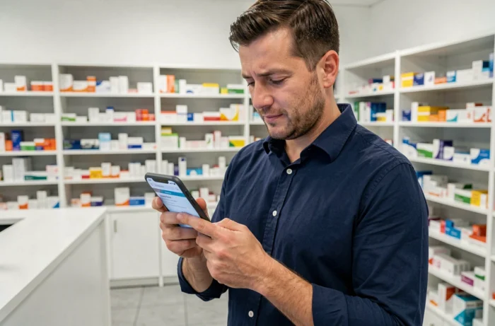 Homme consultant ses résultats d'analyses biologiques sur smartphone dans une pharmacie moderne