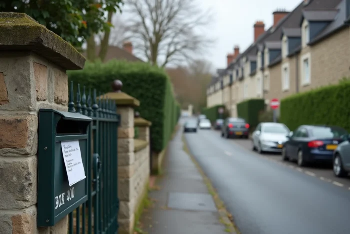 Rue résidentielle française avec maisons individuelles et avis de taxe foncière dans une boîte aux lettres, illustration de la fiscalité immobilière locale