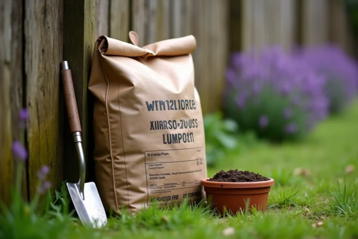 Sac de fumier de cheval posé contre une clôture de jardin avec une truelle et un pot en terre cuite