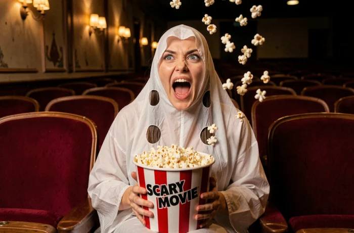 Une jeune femme déguisée en fantôme dans un cinéma rétro, hurlant de manière comique avec du pop-corn renversé, clin d'œil à Scary Movie