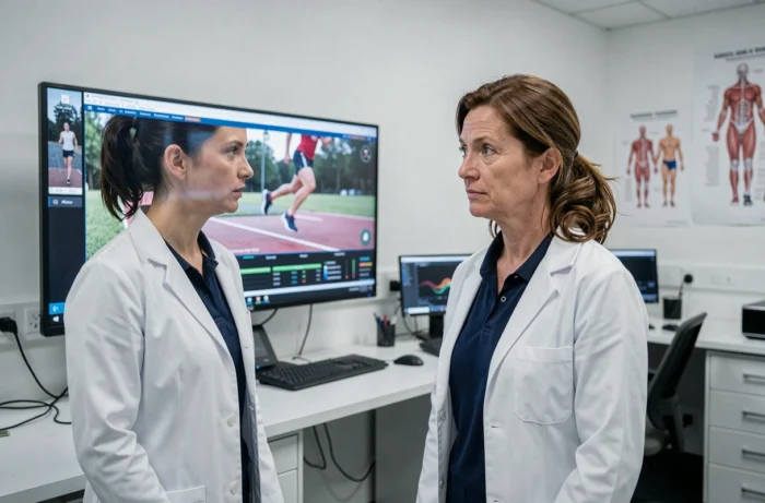 Chercheuse en sciences du sport analysant des données biomécaniques sur la vitesse humaine dans un laboratoire moderne