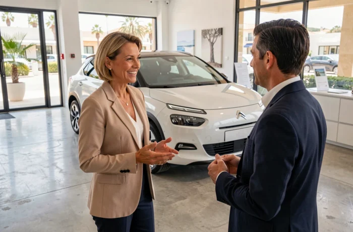 Cliente et conseiller Citroën dans un showroom moderne sur la Côte d'Azur avec la Citroën ë-C4