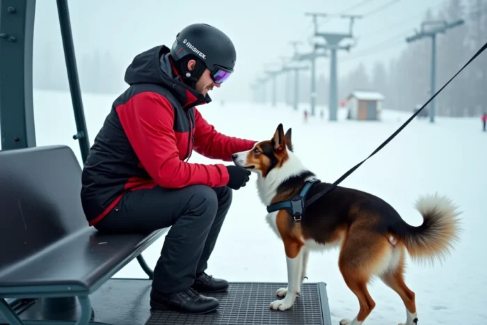 Skieur aidant son border collie à monter sur un télésiège dans une station de ski alpine