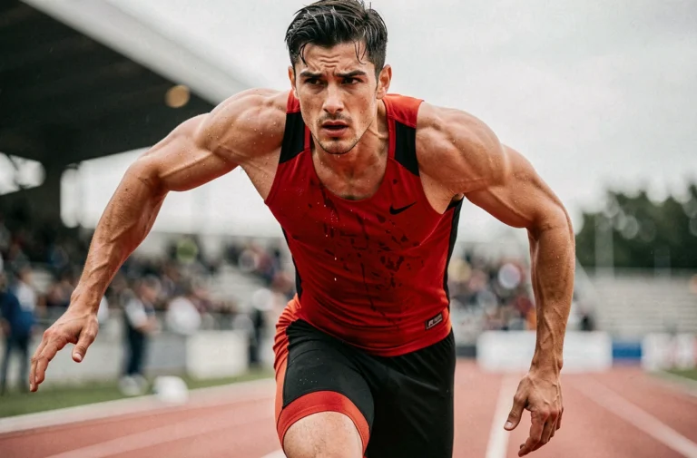 Sprinter masculin en plein effort sur une piste d'athlétisme professionnelle, illustrant les limites de la vitesse humaine