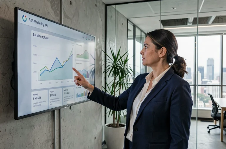 Femme professionnelle en blazer marine présentant un tableau de bord d'analyse marketing digital B2B sur un grand écran dans un bureau moderne