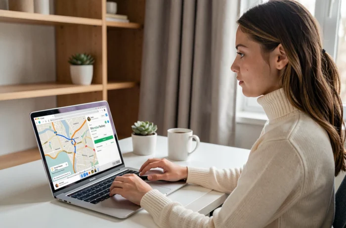 Jeune femme suivant l'état d'un envoi Mondial Relay sur son ordinateur portable depuis son bureau à domicile