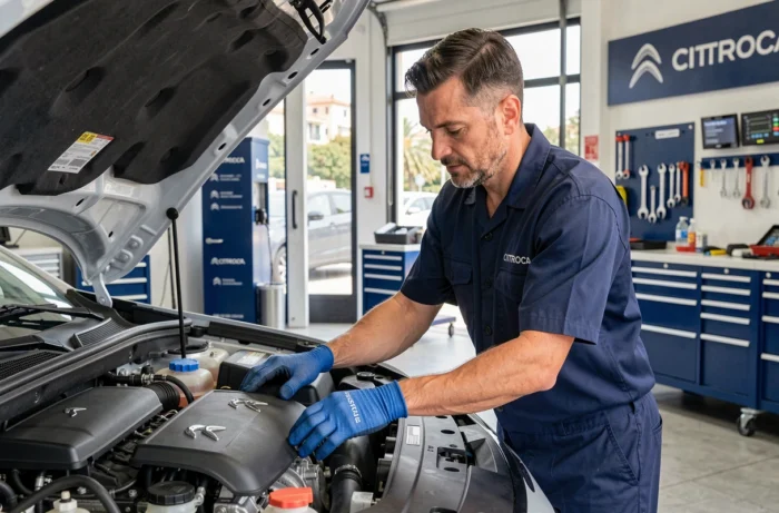 Technicien Citroën inspectant un moteur dans un garage agréé sur la Côte d'Azur