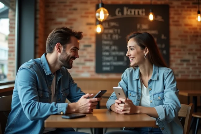 Deux utilisateurs de Lingoo échangeant en face-à-face dans un café pour pratiquer une langue étrangère ensemble