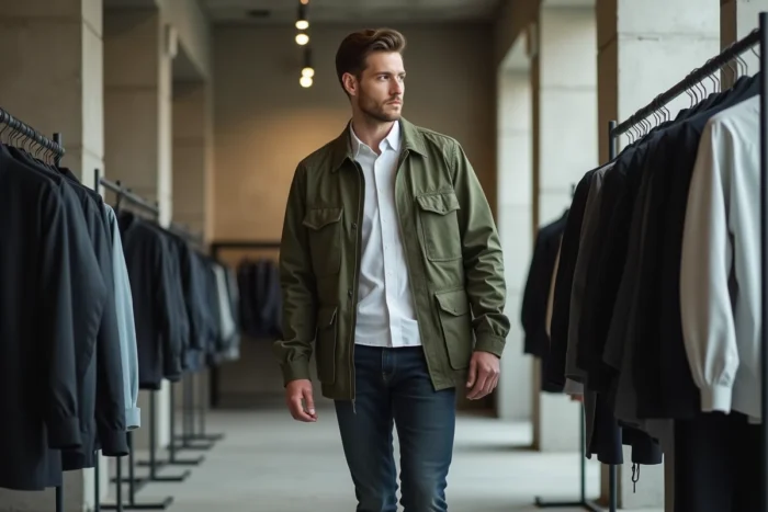Homme stylé en veste utilitaire olive et jean slim explorant les tendances mode dans un concept store contemporain