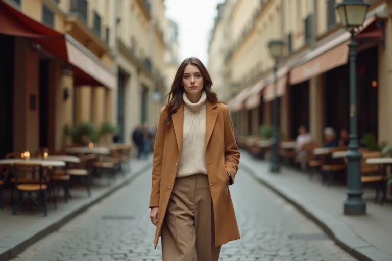 Femme élégante portant un manteau camel tendance et un col roulé crème dans une rue pavée parisienne, style mode automne-hiver