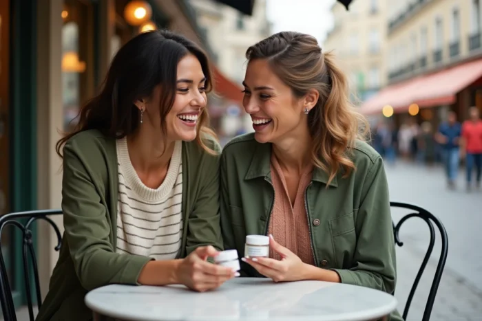 Deux femmes partageant leurs conseils beauté et tendances skincare autour d'un café en terrasse parisienne