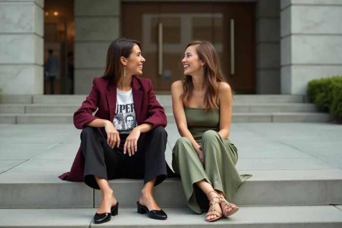 Deux amies tendance assises sur les marches d'un musée moderne, portant des tenues mode colorées blazer bordeaux et jupe satin vert sauge