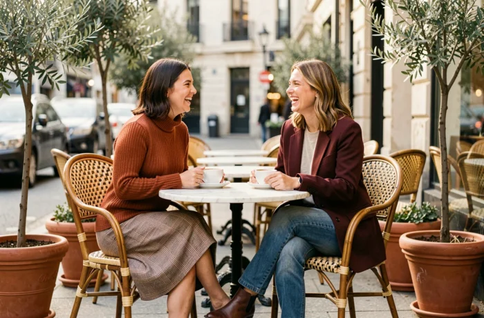 Deux femmes souriantes en tenues tendance automne à la terrasse d'un café parisien, looks mode saison