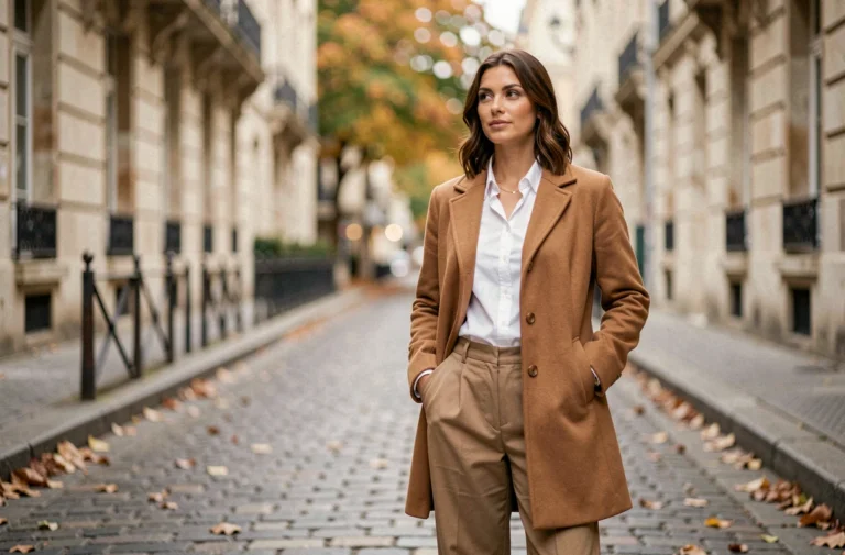 Femme élégante en manteau camel et pantalon large dans une rue pavée parisienne en automne, tendances mode saison