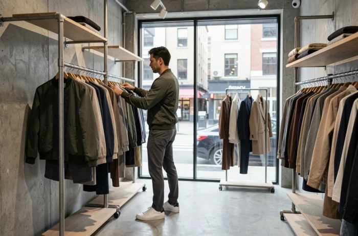 Homme en veste bomber verte et chinos dans un concept store minimaliste, tendances mode masculine contemporaine