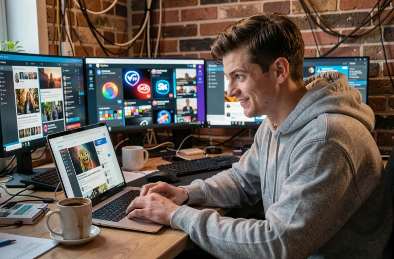 Jeune homme amusé devant plusieurs écrans affichant des tendances tech et actualités insolites dans un bureau à domicile moderne