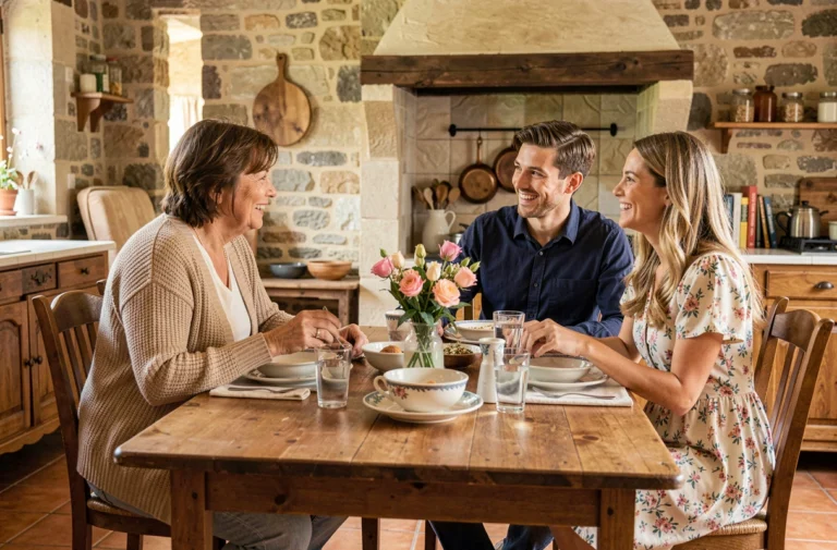 Réunion familiale chaleureuse autour d'une table, une tante et son neveu marié avec son épouse partagent un repas convivial dans une maison de style français