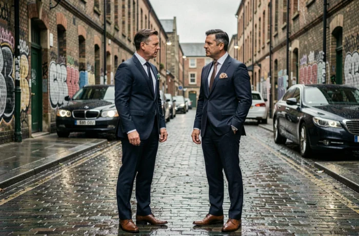 Deux hommes en costumes britanniques élégants dans une ruelle londonienne sous la pluie, évoquant l'atmosphère criminelle de The Gentlemen saison 2