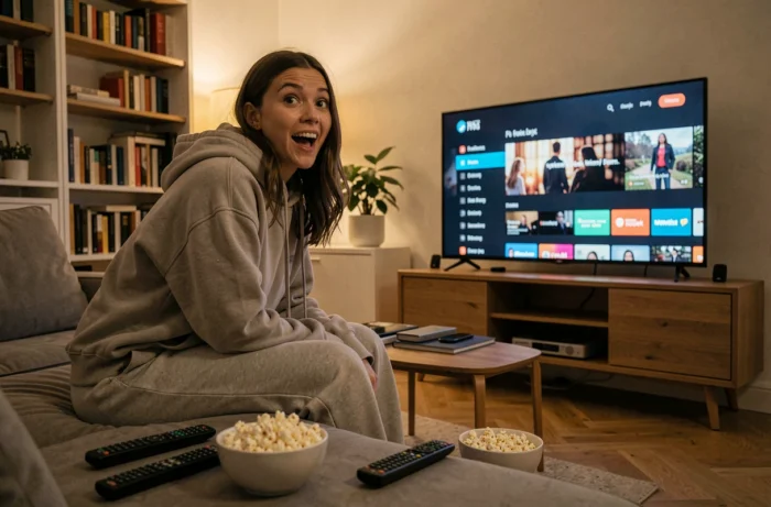 Une femme installée dans son salon devant une interface de streaming sur grand écran, prête à regarder films et séries