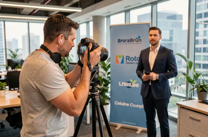 Vidéaste filmant une présentatrice d'entreprise dans un bureau moderne pour une vidéo de communication professionnelle