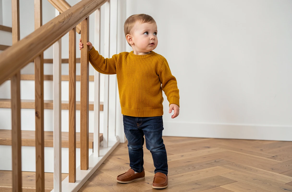 Tout-petit en pull tricoté moutarde et jean slim debout dans un intérieur moderne aux parquets en chêne en chevron