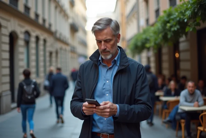 Homme consultant l'application Lingoo dans la rue pour pratiquer une langue lors de ses déplacements en ville