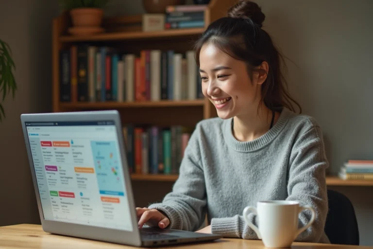 Femme utilisant l'application Lingoo sur son ordinateur portable pour apprendre une langue étrangère depuis chez elle