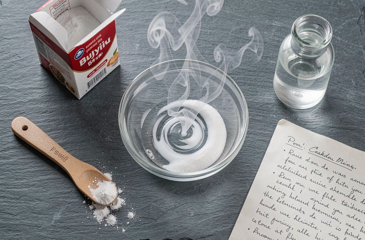 Vue de dessus d'une expérience de fumée au bicarbonate avec des accessoires sur un plan de travail en ardoise
